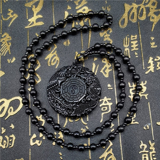 Daoist Black Obsidian Dragon & Phoenix Pendant - Feng Shui Amulet for Protection and Prosperity