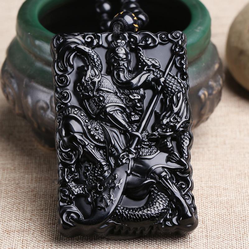 Obsidian Guan Yu Pendant, Feng Shui Amulet for Protection and Safety