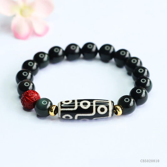 Natural Obsidian Bracelet with Nine-Eye Dzi Bead and Agate, Feng Shui Amulet for Protection, Prosperity, and Positive Energy