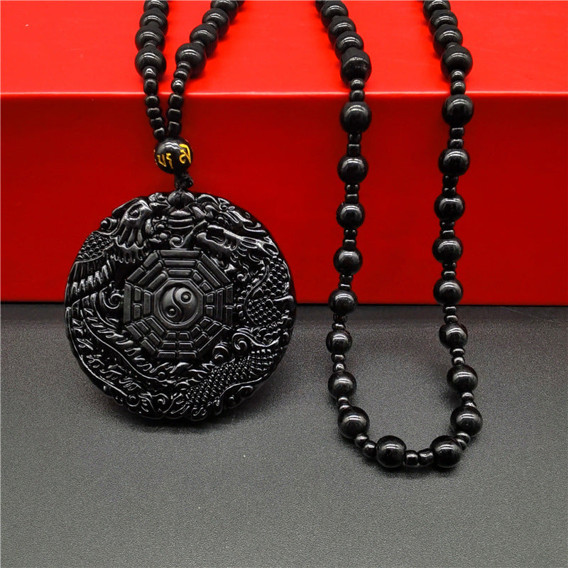 Daoist Black Obsidian Dragon & Phoenix Pendant - Feng Shui Amulet for Protection and Prosperity