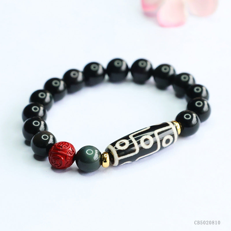 Natural Obsidian Bracelet with Nine-Eye Dzi Bead and Agate, Feng Shui Amulet for Protection, Prosperity, and Positive Energy