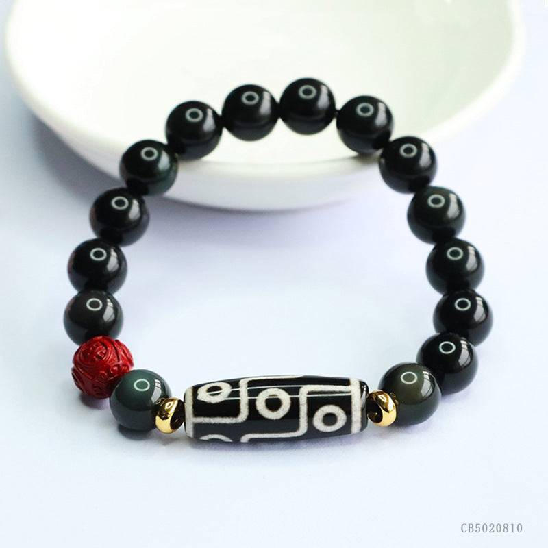 Natural Obsidian Bracelet with Nine-Eye Dzi Bead and Agate, Feng Shui Amulet for Protection, Prosperity, and Positive Energy