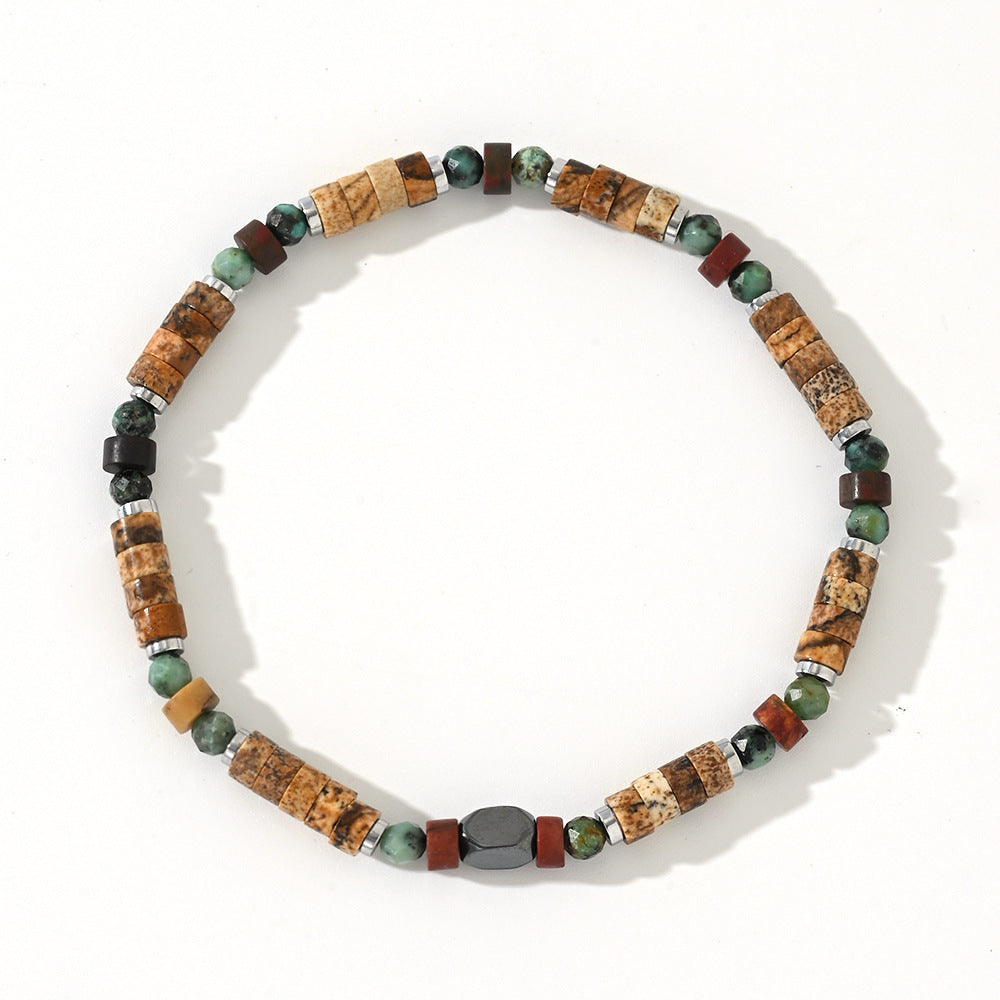 Natural Semi-Precious Bead Bracelet with Black Pyrite Spacers and Pine Cylindrical Beads, Feng Shui Amulet for Protection, Prosperity, and Spiritual Balance