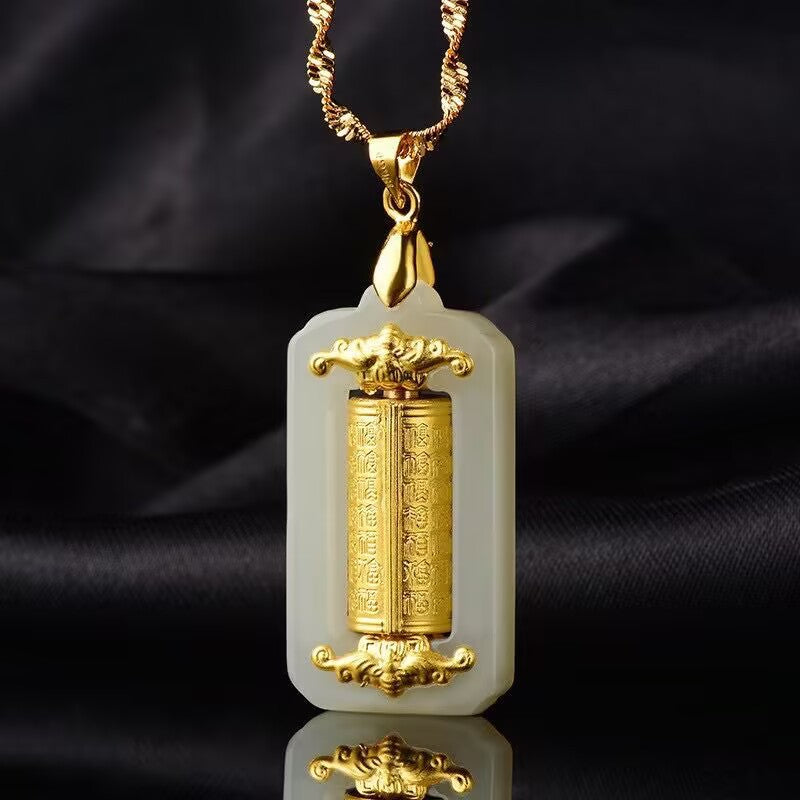 Lucky Jade Fortune Cylinder Pendant - Gold-Inlaid Feng Shui Prosperity