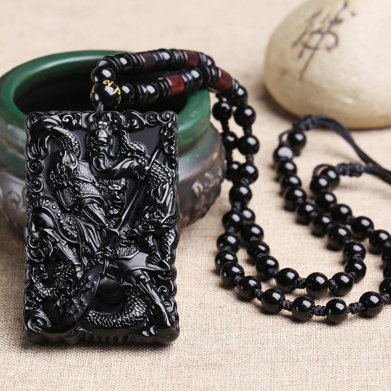 Obsidian Guan Yu Pendant, Feng Shui Amulet for Protection and Safety