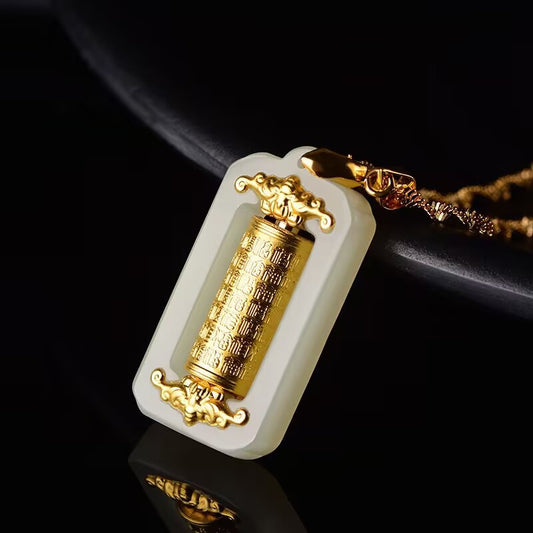 Lucky Jade Fortune Cylinder Pendant - Gold-Inlaid Feng Shui Prosperity