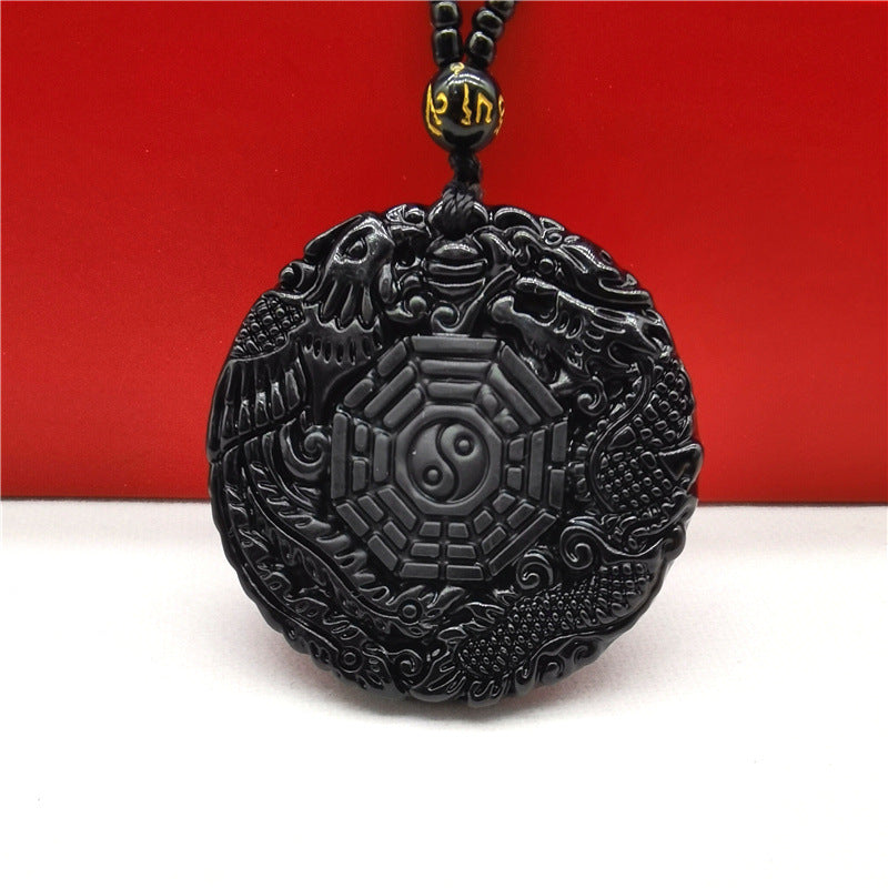 Daoist Black Obsidian Dragon & Phoenix Pendant - Feng Shui Amulet for Protection and Prosperity