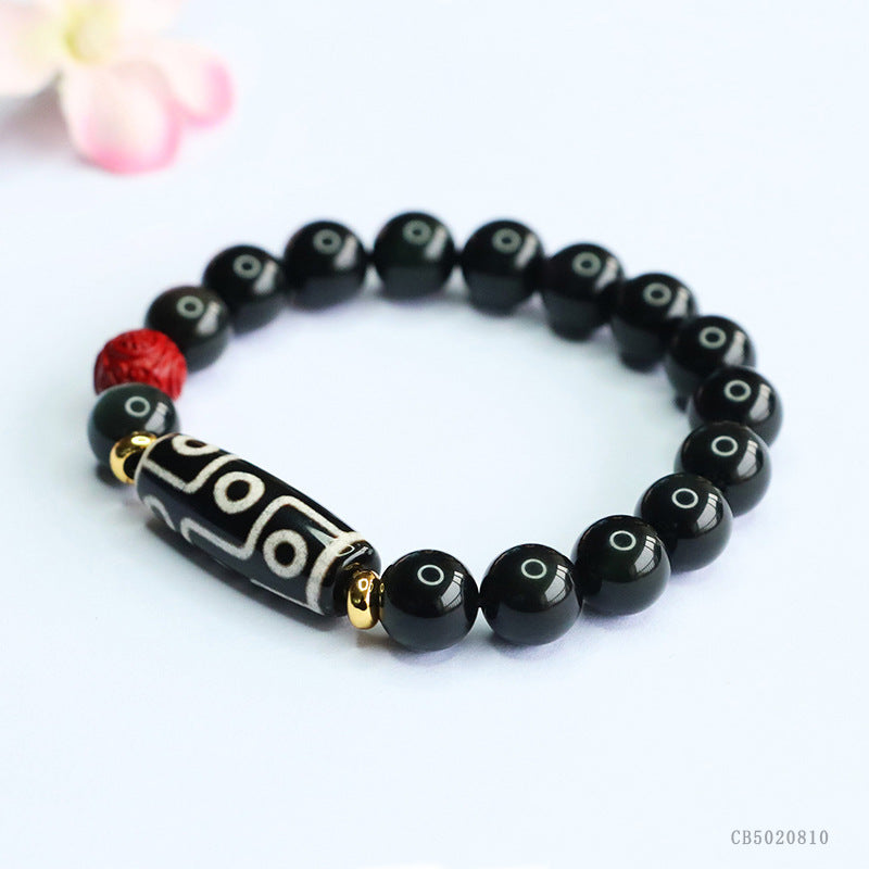 Natural Obsidian Bracelet with Nine-Eye Dzi Bead and Agate, Feng Shui Amulet for Protection, Prosperity, and Positive Energy