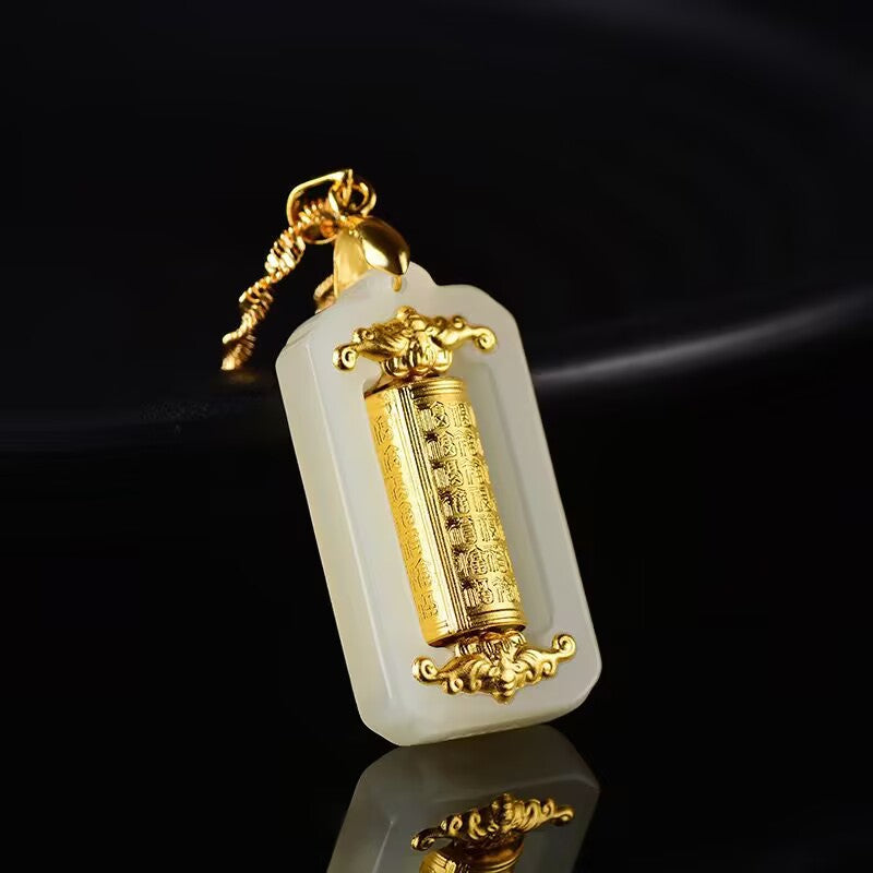 Lucky Jade Fortune Cylinder Pendant - Gold-Inlaid Feng Shui Prosperity