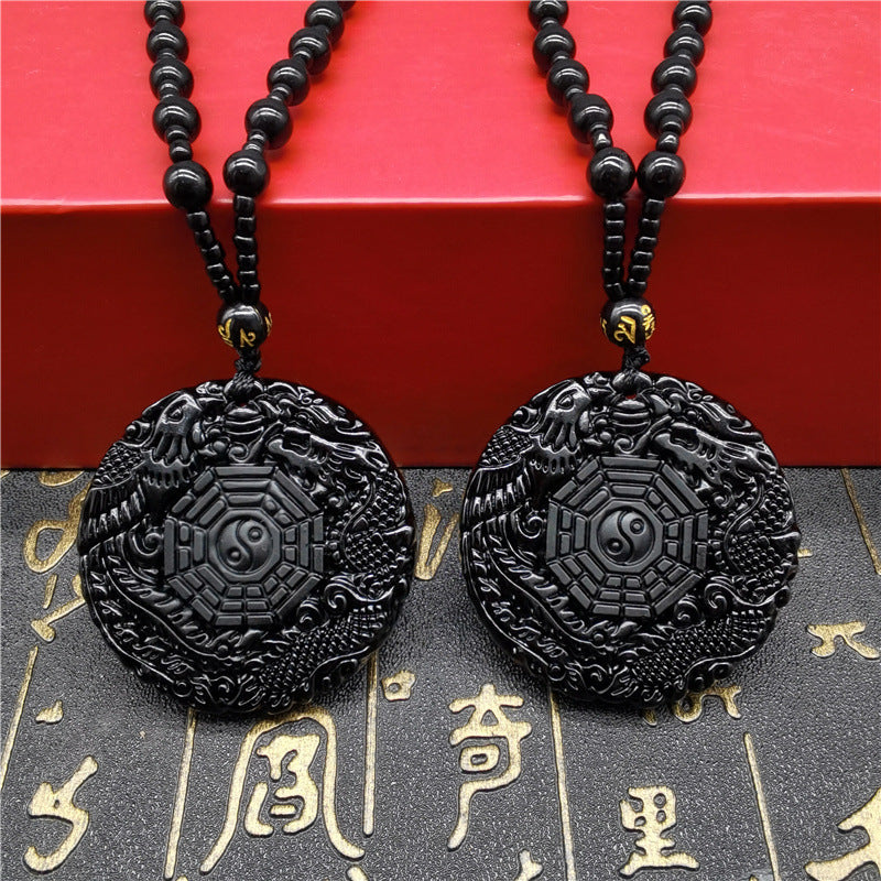 Daoist Black Obsidian Dragon & Phoenix Pendant - Feng Shui Amulet for Protection and Prosperity