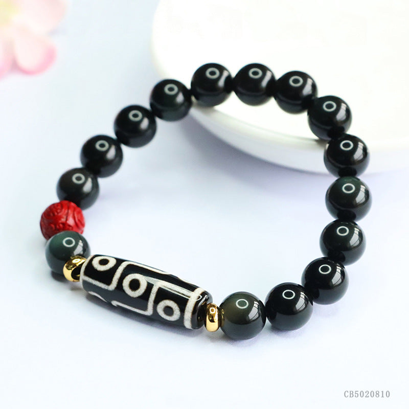 Natural Obsidian Bracelet with Nine-Eye Dzi Bead and Agate, Feng Shui Amulet for Protection, Prosperity, and Positive Energy