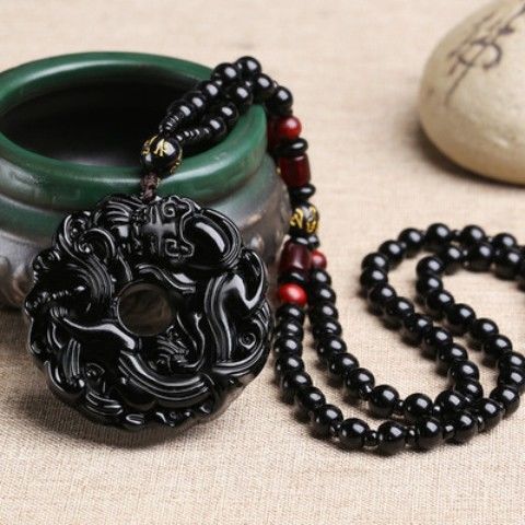 Natural obsidian double pixiu peace buckle pendant