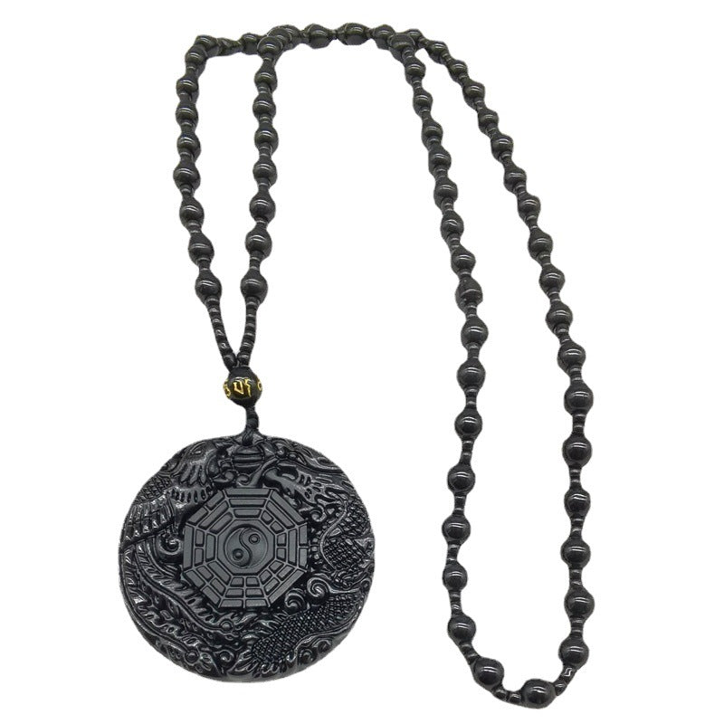 Daoist Black Obsidian Dragon & Phoenix Pendant - Feng Shui Amulet for Protection and Prosperity